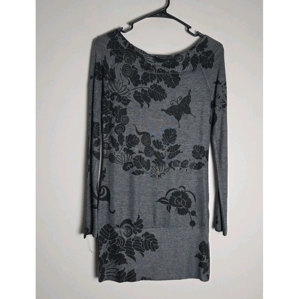 NWT Twenty One Charcoal Grey Butterfly Floral Long Sleeve Tunic Top/ Dress M Y2K